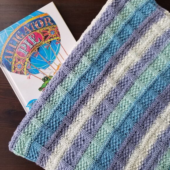 Hand Knit Blanket in Blue, Mint, and White - Picture 2 of 6